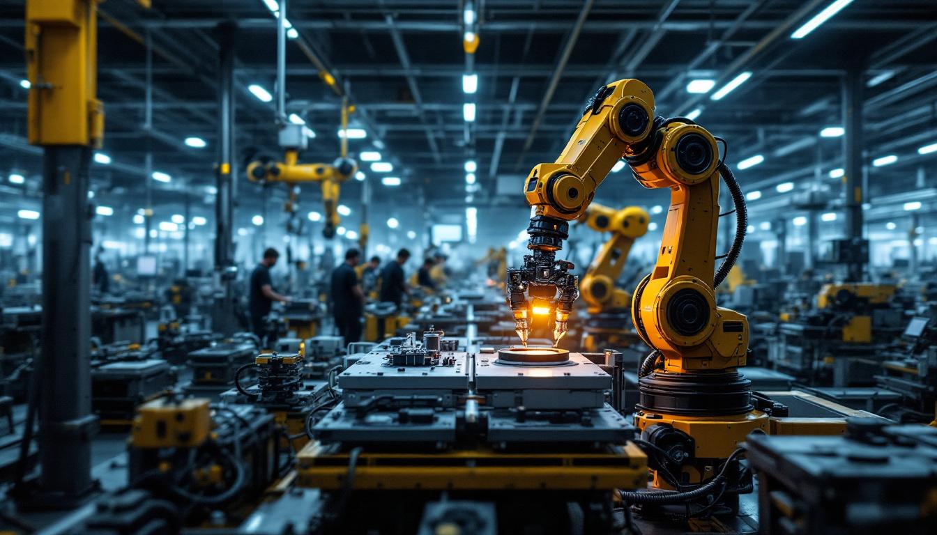 A photograph of a state-of-the-art industrial facility showcasing a variety of advanced robotic systems in action