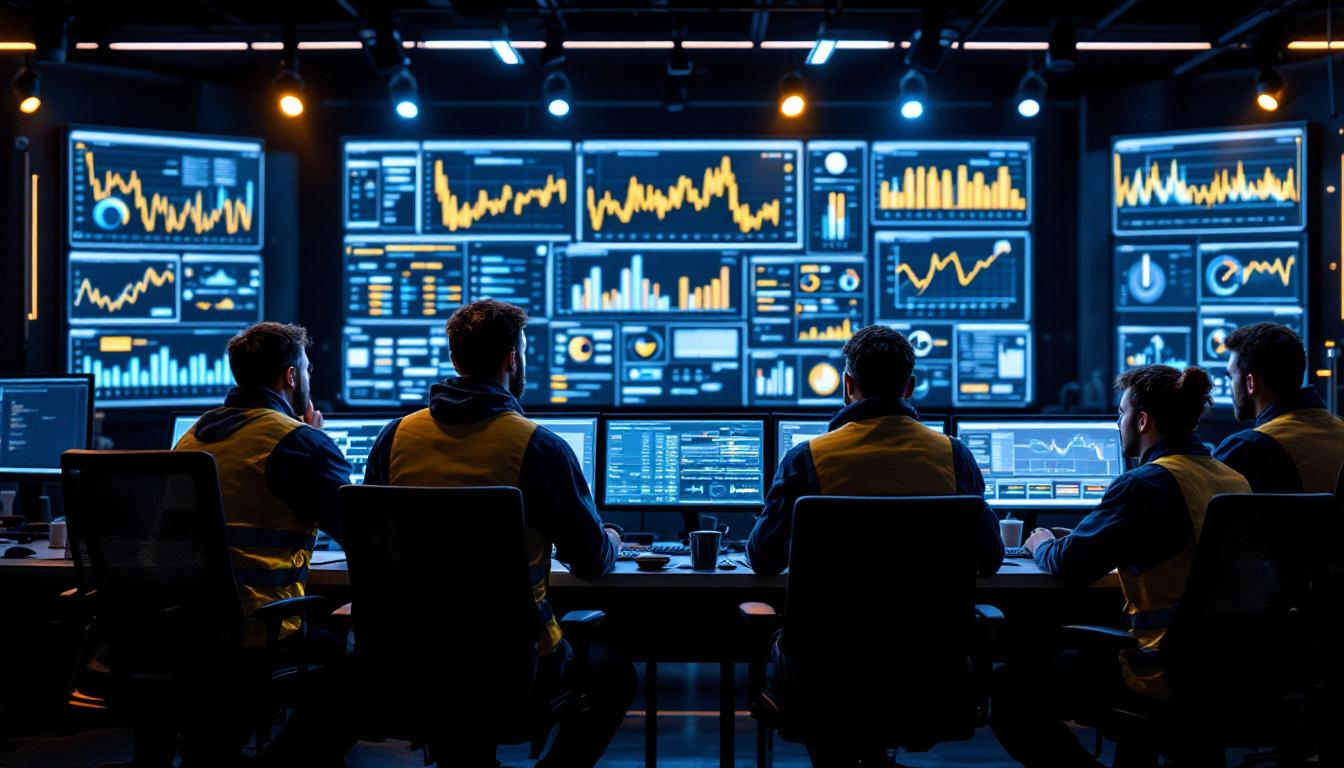 A photograph of a dynamic team of engineers collaborating in a high-tech control room