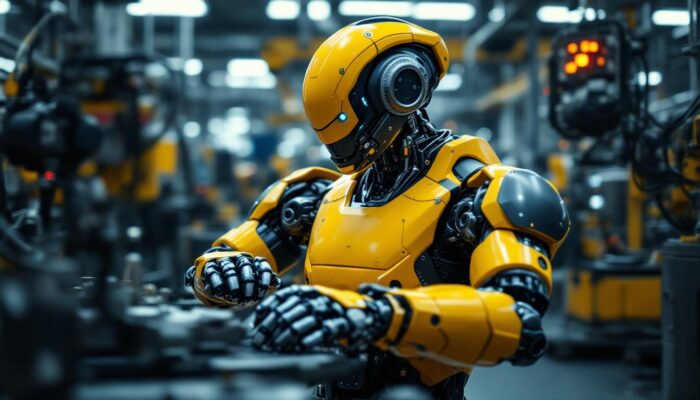 A photograph of a sleek industrial robot in action within a manufacturing environment