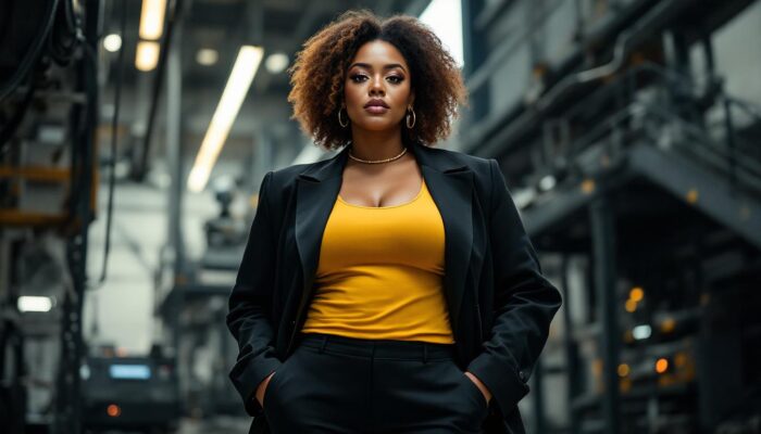 A photograph of a confident size 14 woman in a stylish outfit