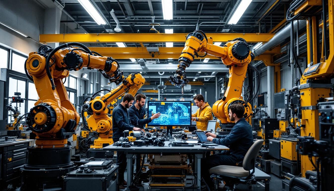 A photograph of a dynamic industrial robotics workspace in boston