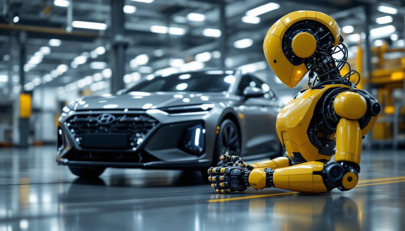 A photograph of a sleek hyundai vehicle alongside a cutting-edge industrial robot in a modern manufacturing facility