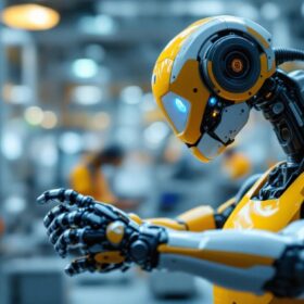 A photograph of a modern industrial robot in action within a manufacturing setting