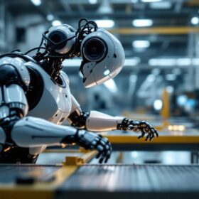 A photograph of a sleek industrial robot in action