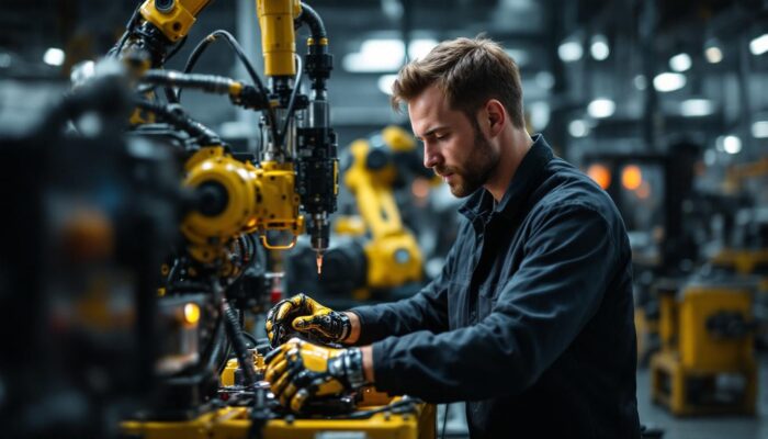A photograph of a skilled electrical engineer working on an industrial robotic system in a modern nyc workshop