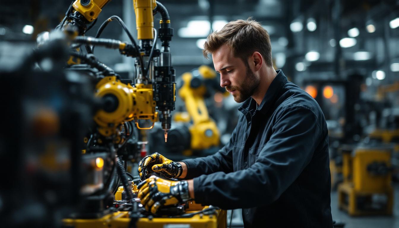 A photograph of a skilled electrical engineer working on an industrial robotic system in a modern nyc workshop