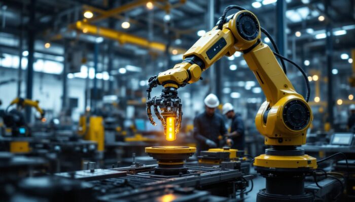 A photograph of a modern industrial robotic arm in action