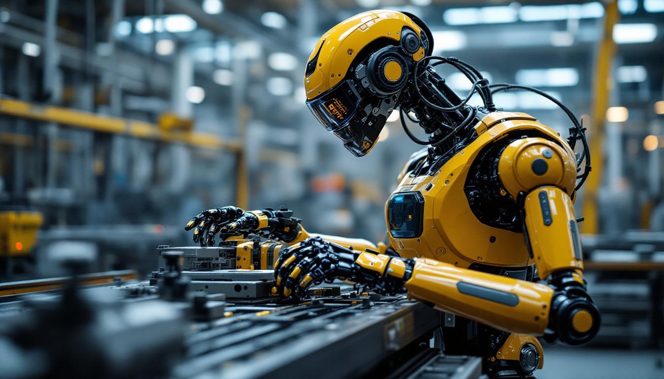 A photograph of a sleek industrial robot in action on a factory floor