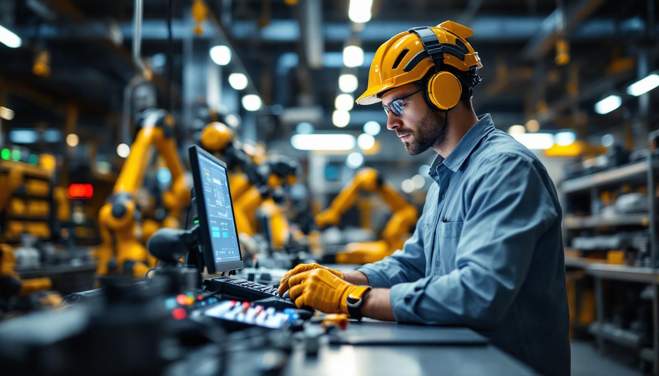 A photograph of a skilled acoustical engineer working alongside industrial robots in a high-tech lab