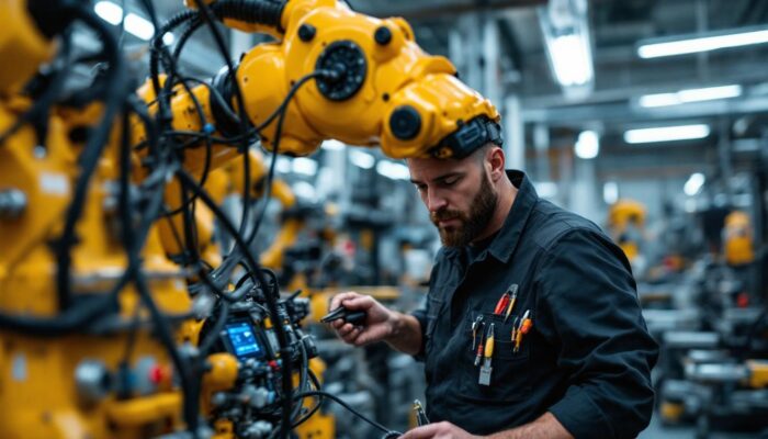 A photograph of a skilled electrical technician working on an industrial robotic arm in a modern factory setting