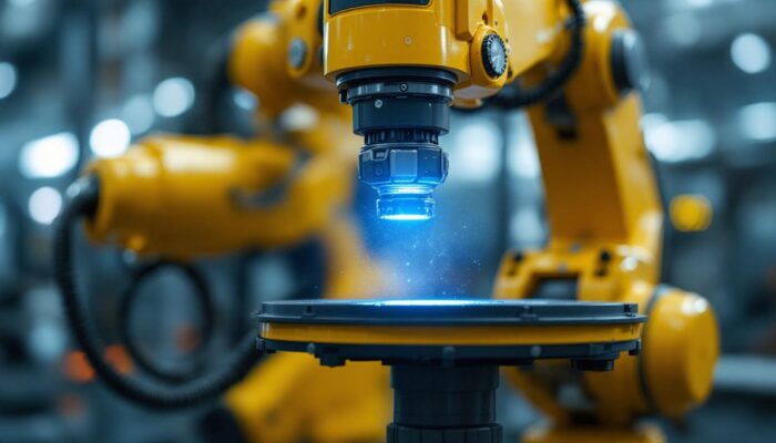 A photograph of a close-up view of an industrial robotic arm in action