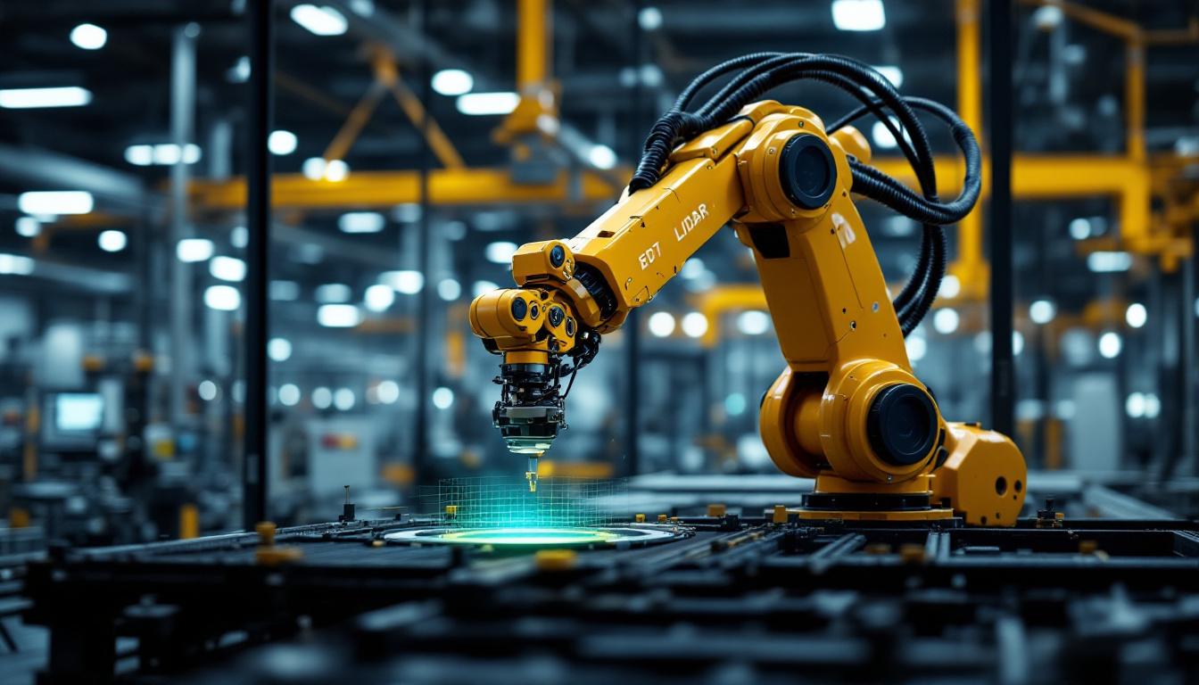 A photograph of a high-tech industrial robotic arm equipped with a lidar sensor in action