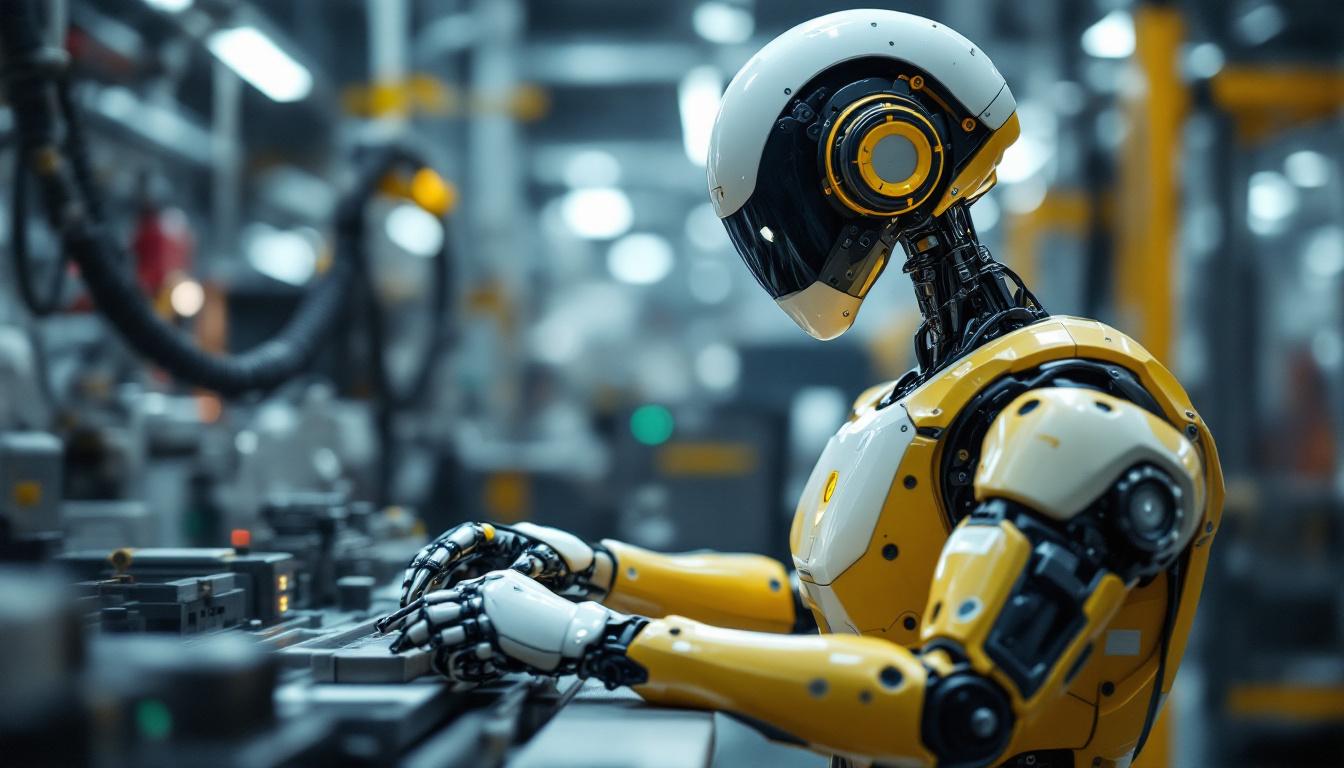 A photograph of a sleek industrial robot in action on a factory floor
