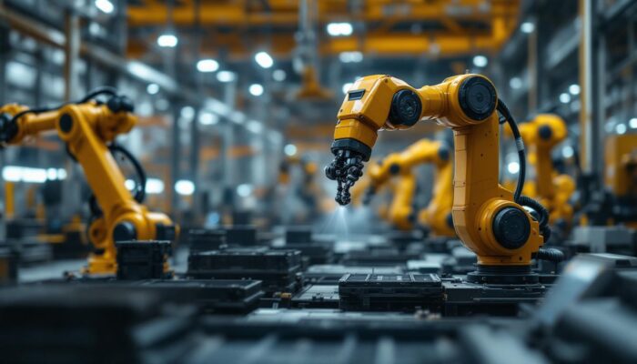A photograph of a dynamic industrial setting featuring robotic arms in action