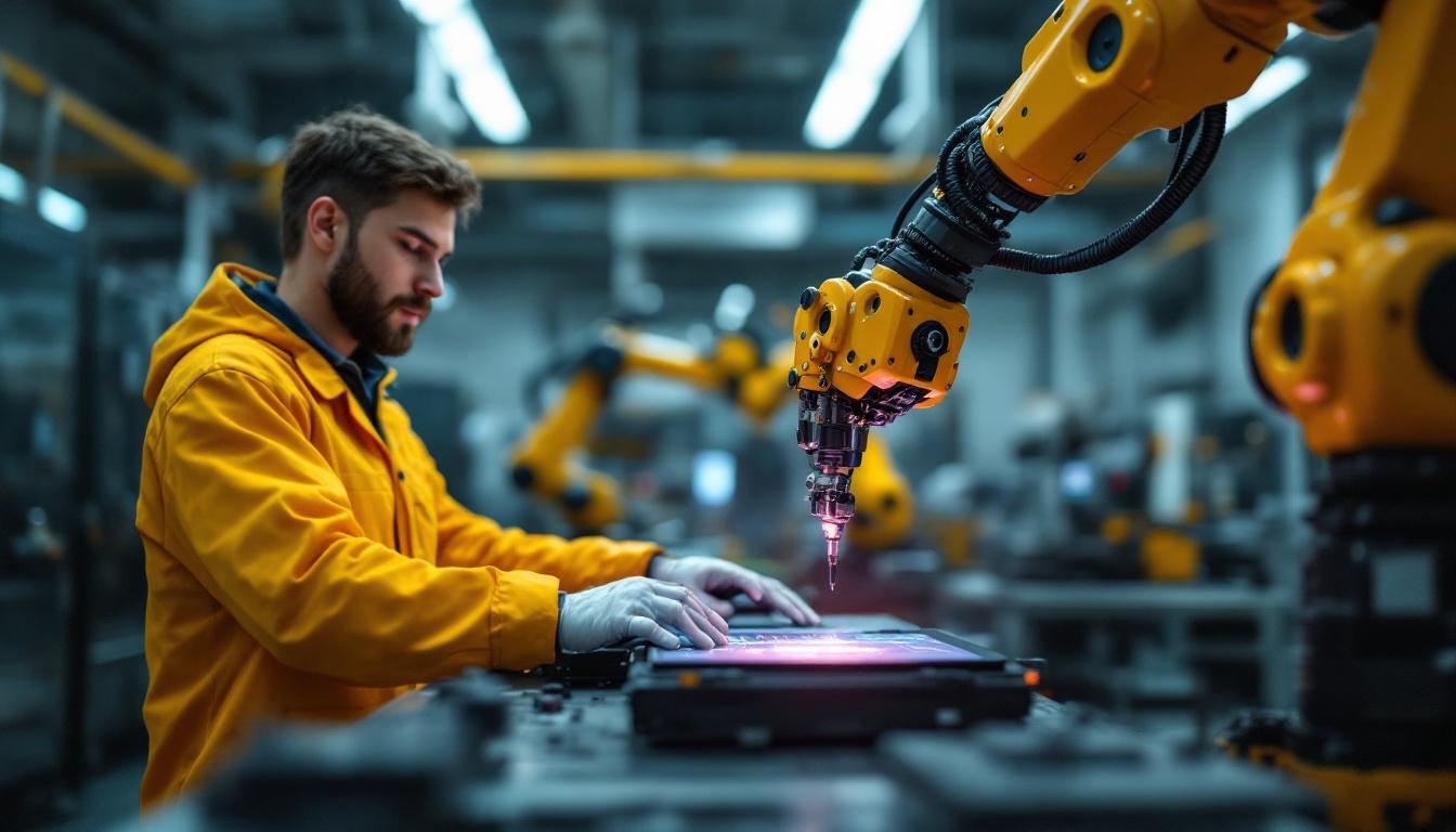A photograph of a skilled intern working hands-on with an industrial robotic arm in a modern laboratory or manufacturing setting