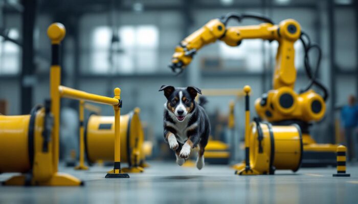 A photograph of a dynamic scene featuring a dog navigating through various canine agility equipment