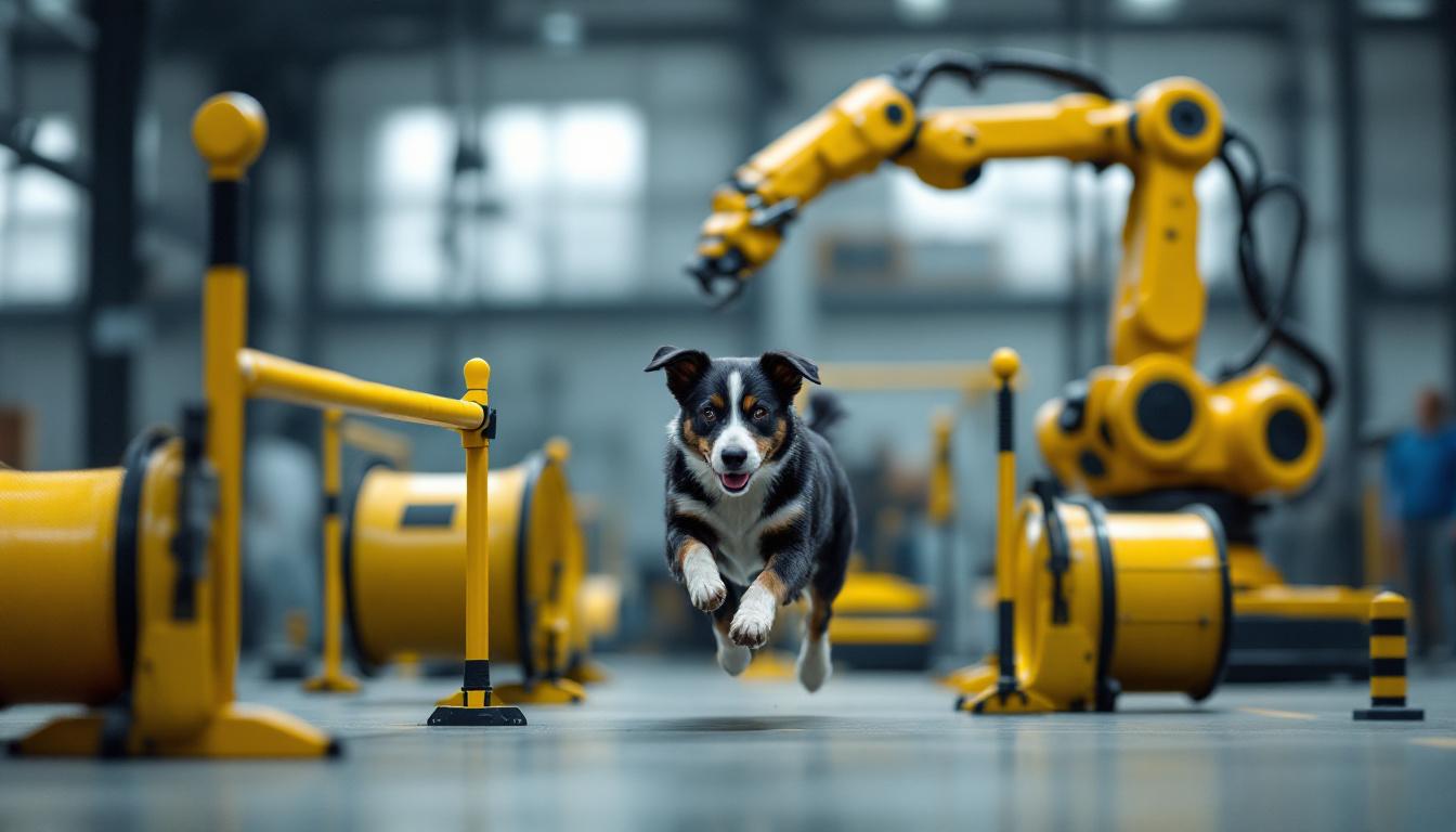 A photograph of a dynamic scene featuring a dog navigating through various canine agility equipment