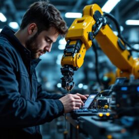 A photograph of a skilled embedded systems developer working on an industrial robotic arm in a modern manufacturing environment