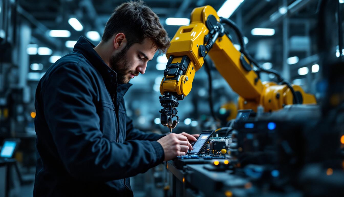 A photograph of a skilled embedded systems developer working on an industrial robotic arm in a modern manufacturing environment