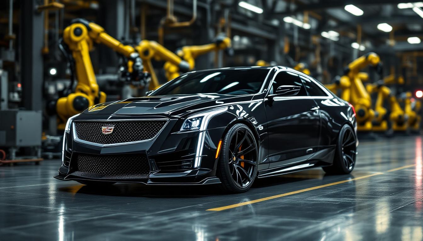 A photograph of a sleek cadillac cts-v sport parked in an industrial setting