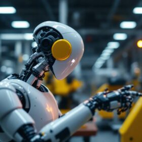 A photograph of capture a photograph of a sleek industrial robot in action on a waltham drive manufacturing floor
