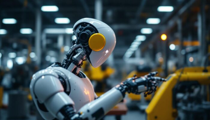 A photograph of capture a photograph of a sleek industrial robot in action on a waltham drive manufacturing floor