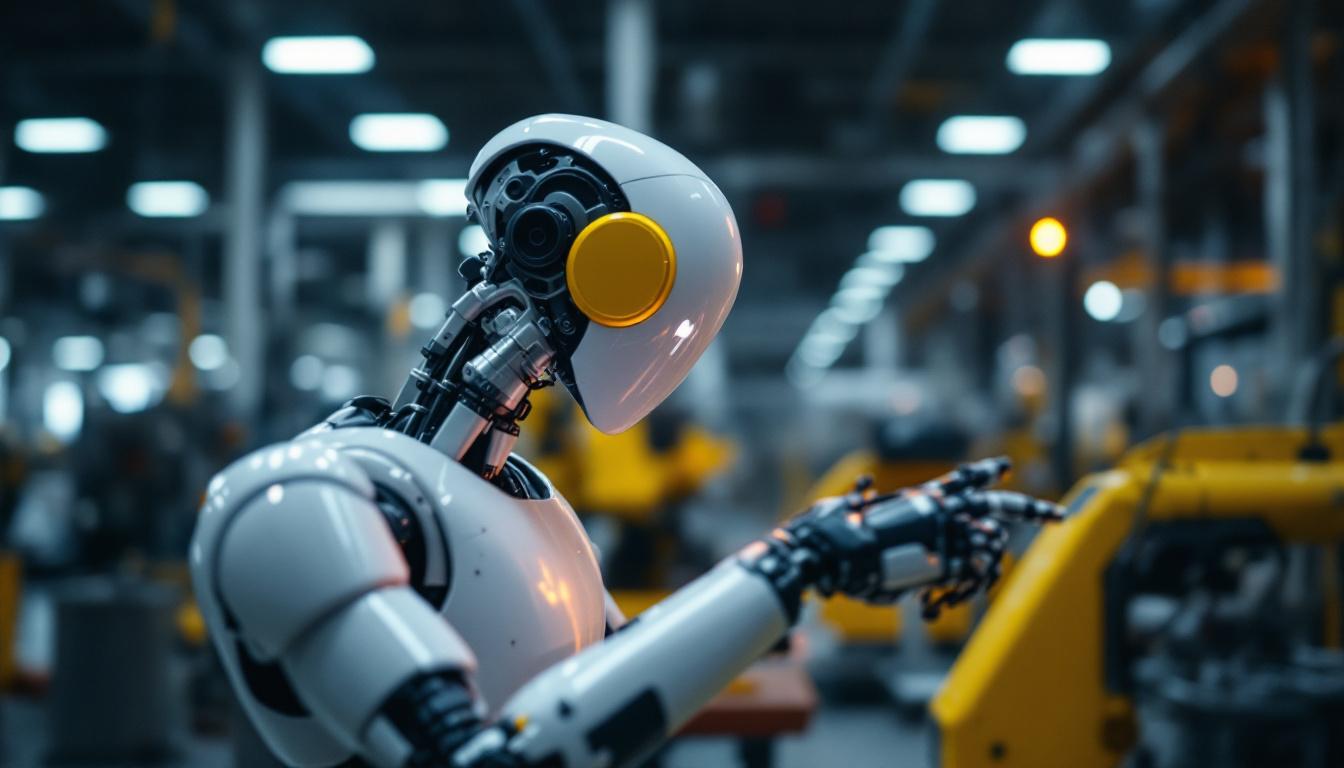 A photograph of capture a photograph of a sleek industrial robot in action on a waltham drive manufacturing floor