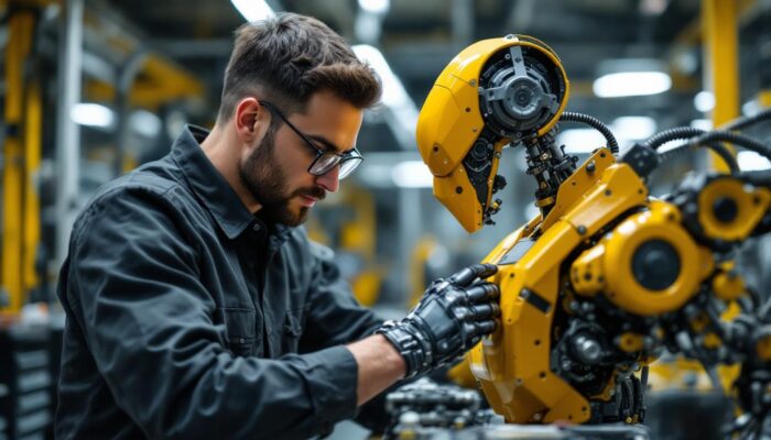 A photograph of a skilled hardware engineer working hands-on with an industrial robot