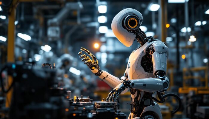 A photograph of a modern industrial robot in action within a manufacturing setting