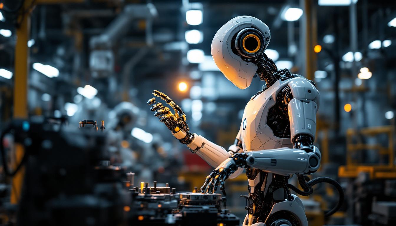 A photograph of a modern industrial robot in action within a manufacturing setting