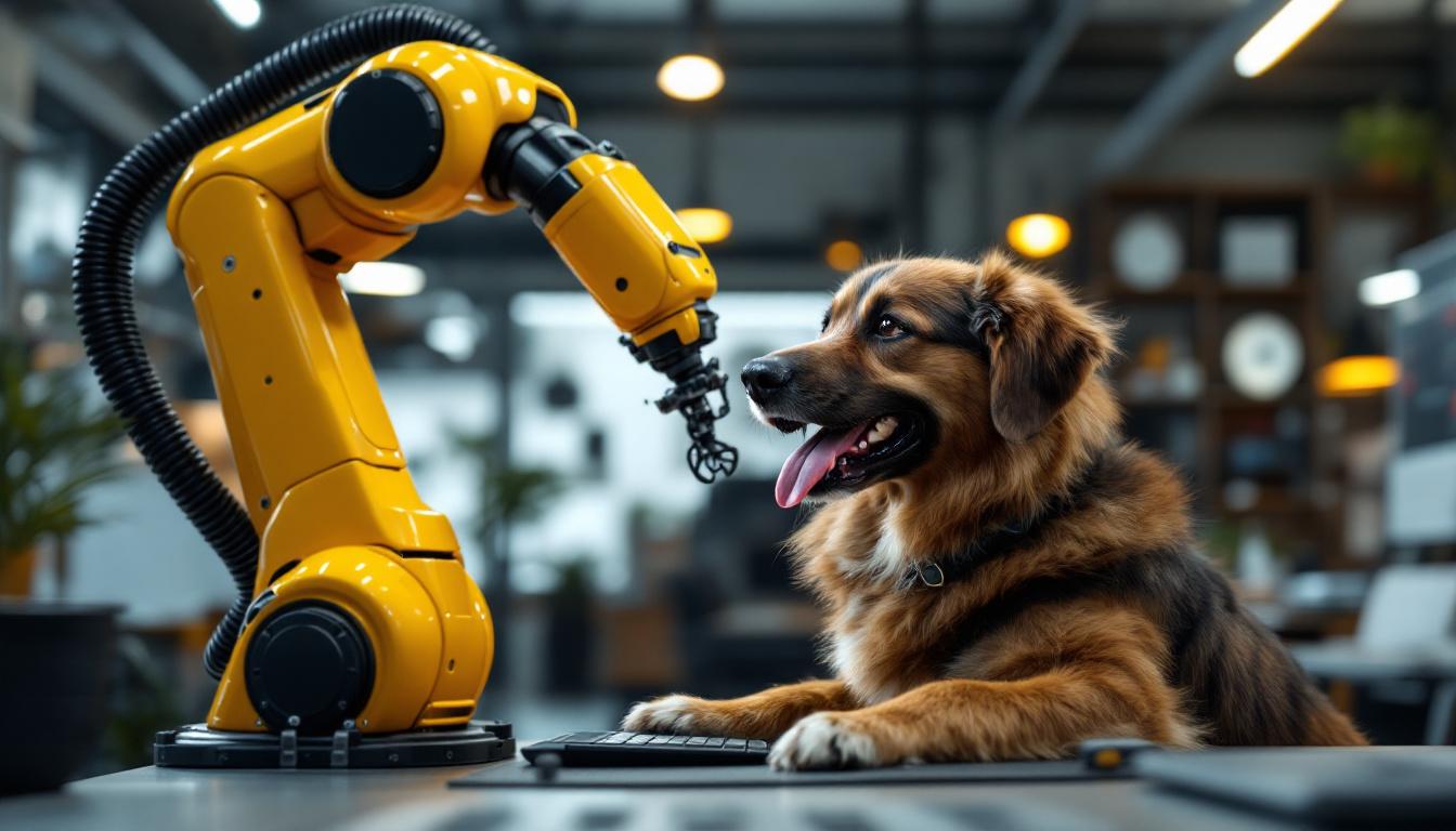 A photograph of a sleek industrial robotic arm interacting with a friendly dog in a modern workspace