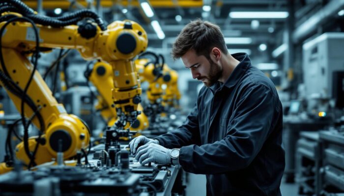 A photograph of a biomedical engineer working with industrial robotics in a lab setting