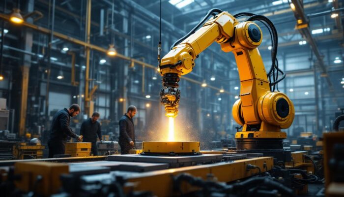 A photograph of a dynamic industrial setting showcasing a large robotic arm in action