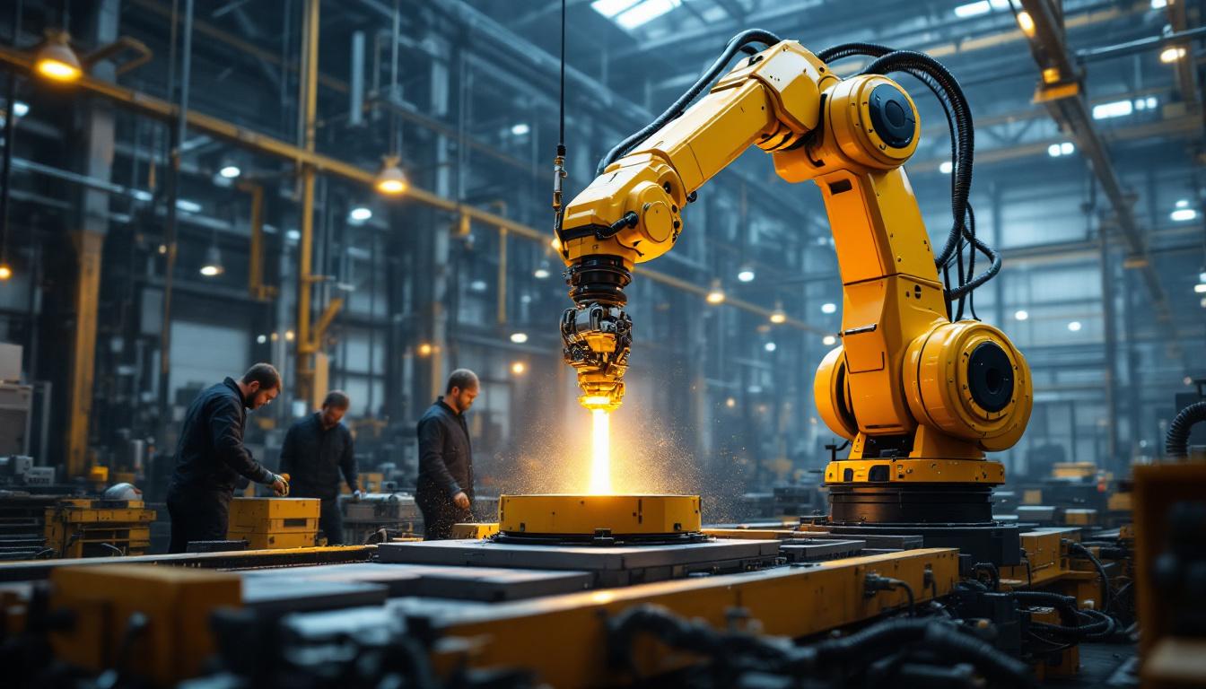 A photograph of a dynamic industrial setting showcasing a large robotic arm in action