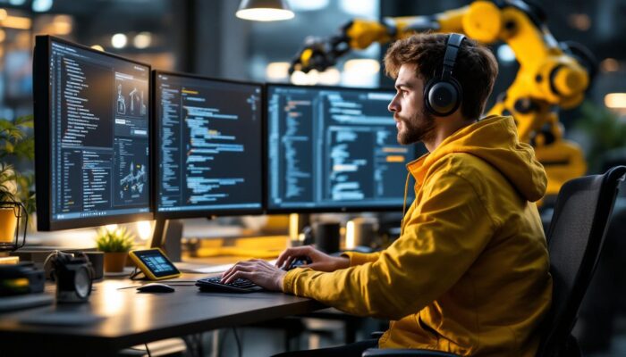 A photograph of a junior software engineer working remotely at their desk