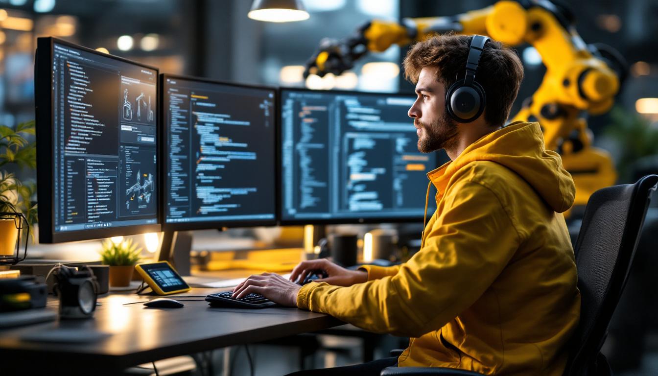 A photograph of a junior software engineer working remotely at their desk