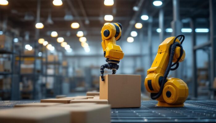 A photograph of a sleek industrial robotic arm in action at an atlas delivery service facility in houston
