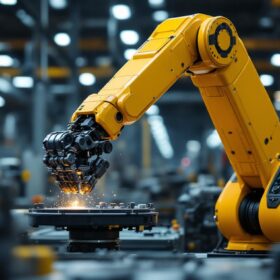 A photograph of a dynamic industrial robotic arm in action