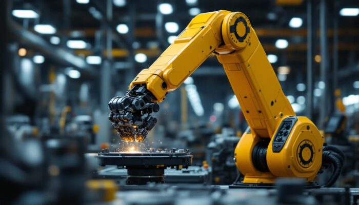 A photograph of a dynamic industrial robotic arm in action