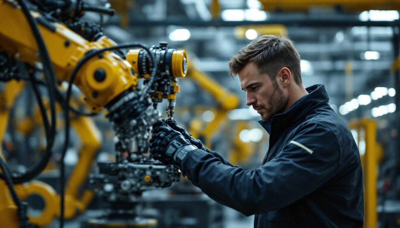 A photograph of a skilled mechanical engineer working on an industrial robotic arm in a modern workshop