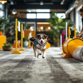 A photograph of a lively indoor dog agility course in action