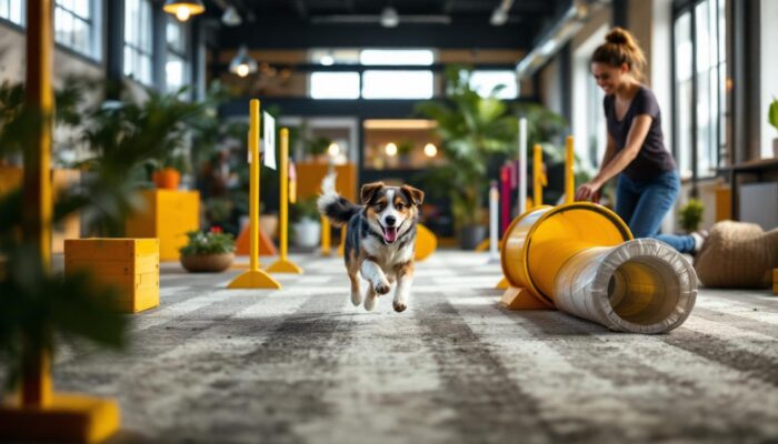 A photograph of a lively indoor dog agility course in action