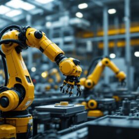 A photograph of a sleek industrial robotic arm in action within a modern manufacturing environment