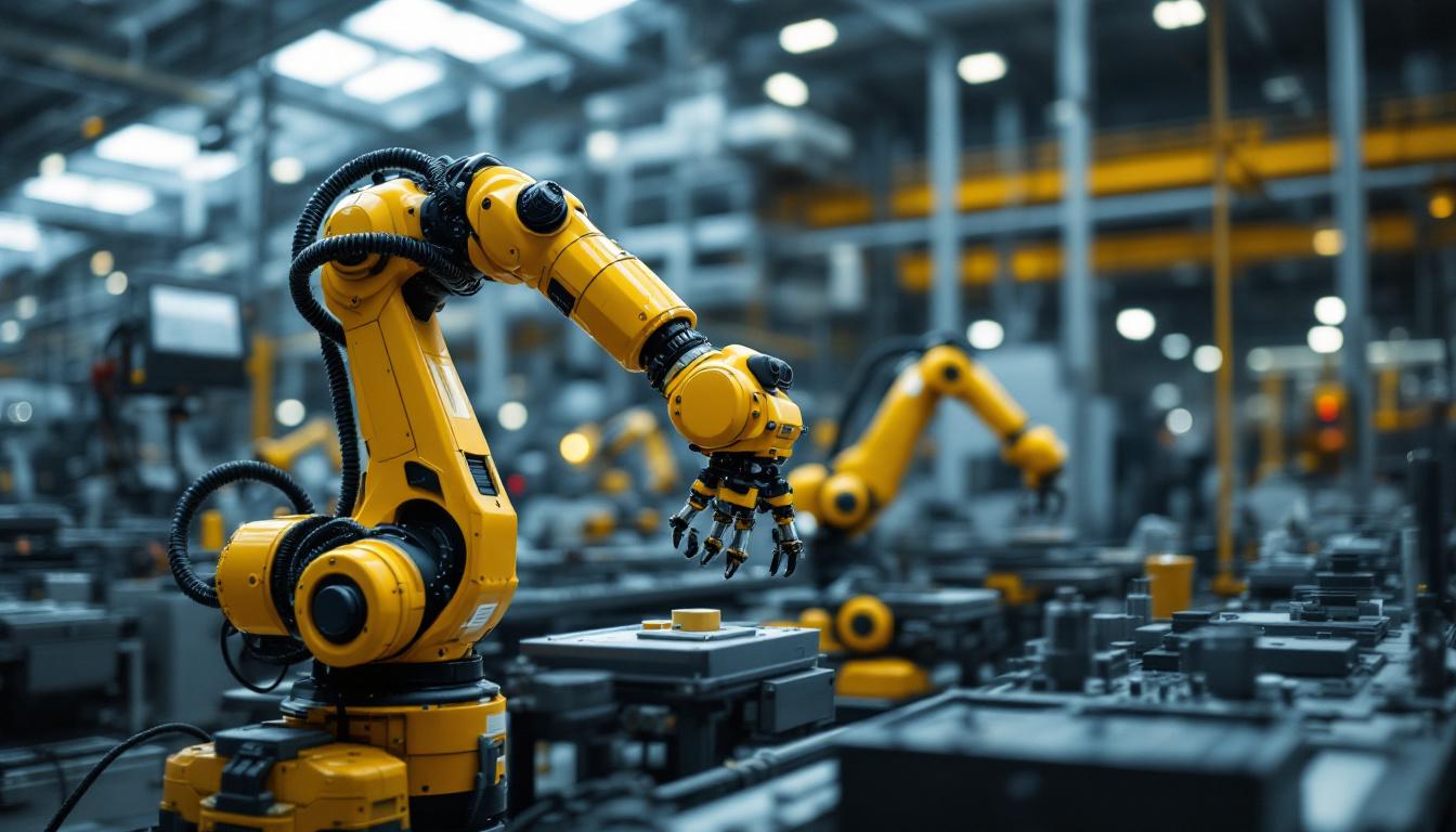 A photograph of a sleek industrial robotic arm in action within a modern manufacturing environment