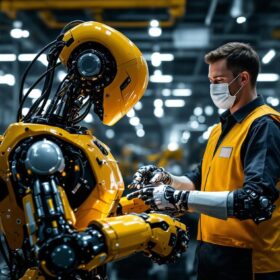 A photograph of a sleek industrial robot in action