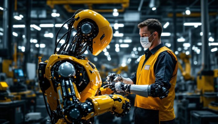 A photograph of a sleek industrial robot in action