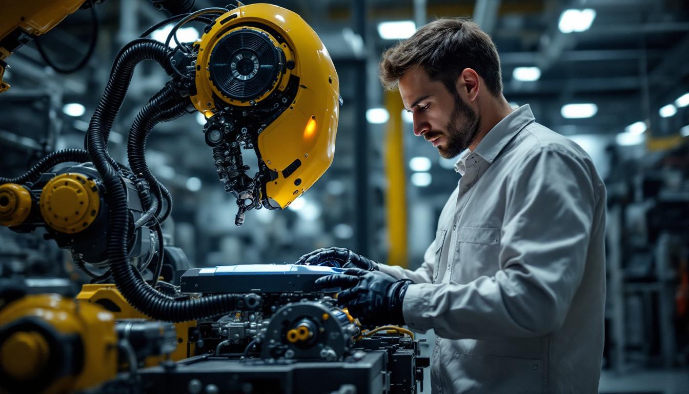 A photograph of a skilled principal mechanical engineer working closely with an advanced industrial robot in a high-tech manufacturing environment