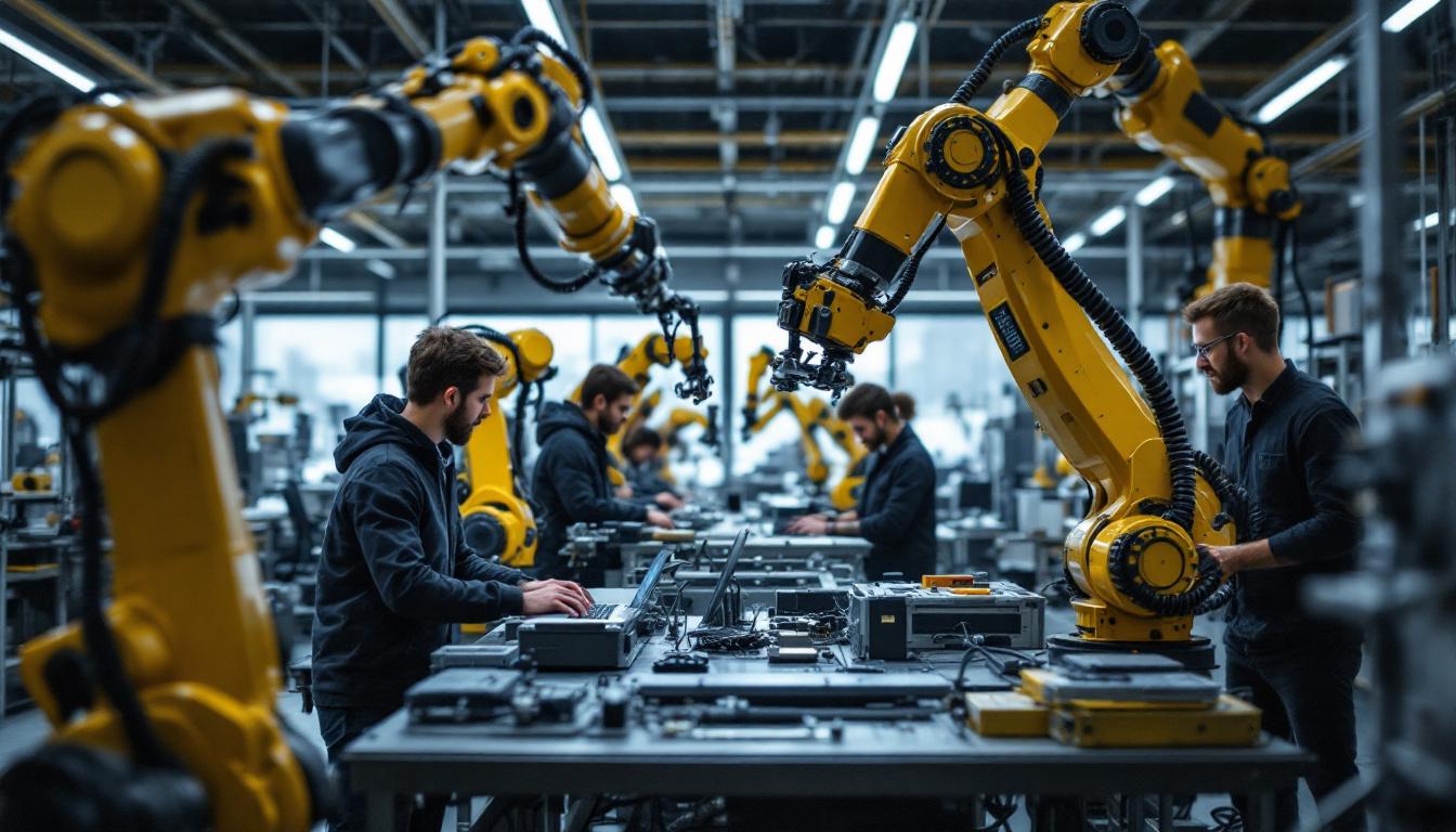 A photograph of capture a photograph of a dynamic industrial robotics lab at a university in waltham