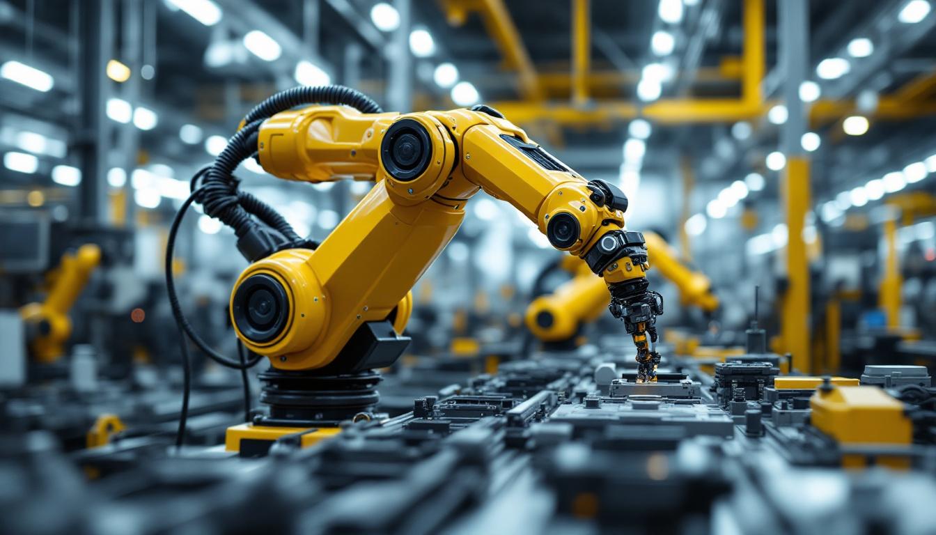 A photograph of a sleek industrial robotic arm in action within a modern manufacturing environment