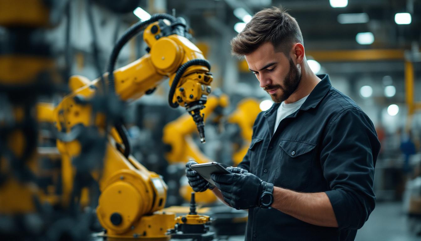 A photograph of a skilled electrician apprentice working on an industrial robotic system